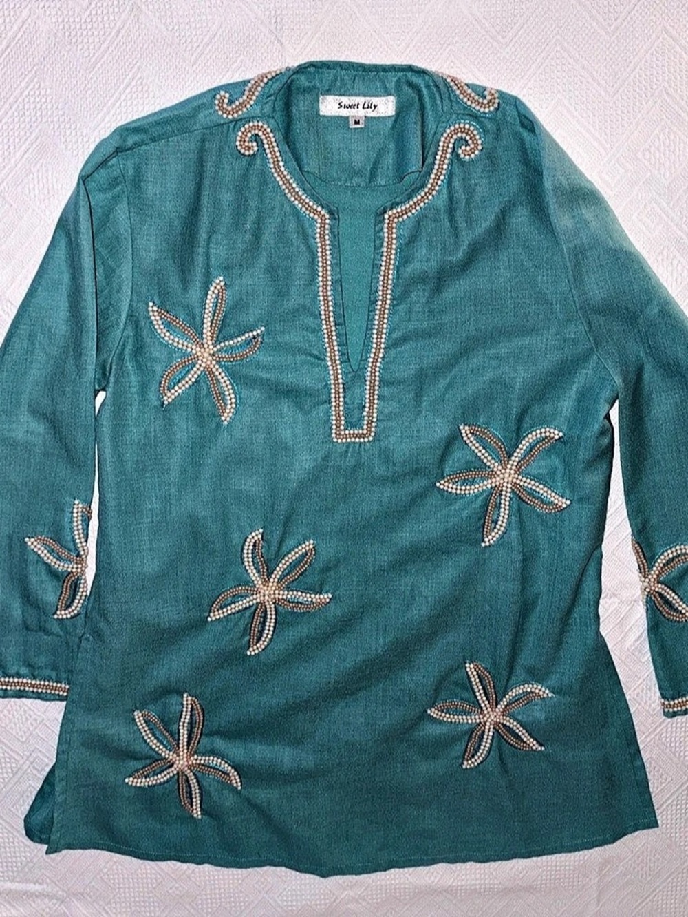 Sweet Lily Embroidered Tunic in Teal Size Medium